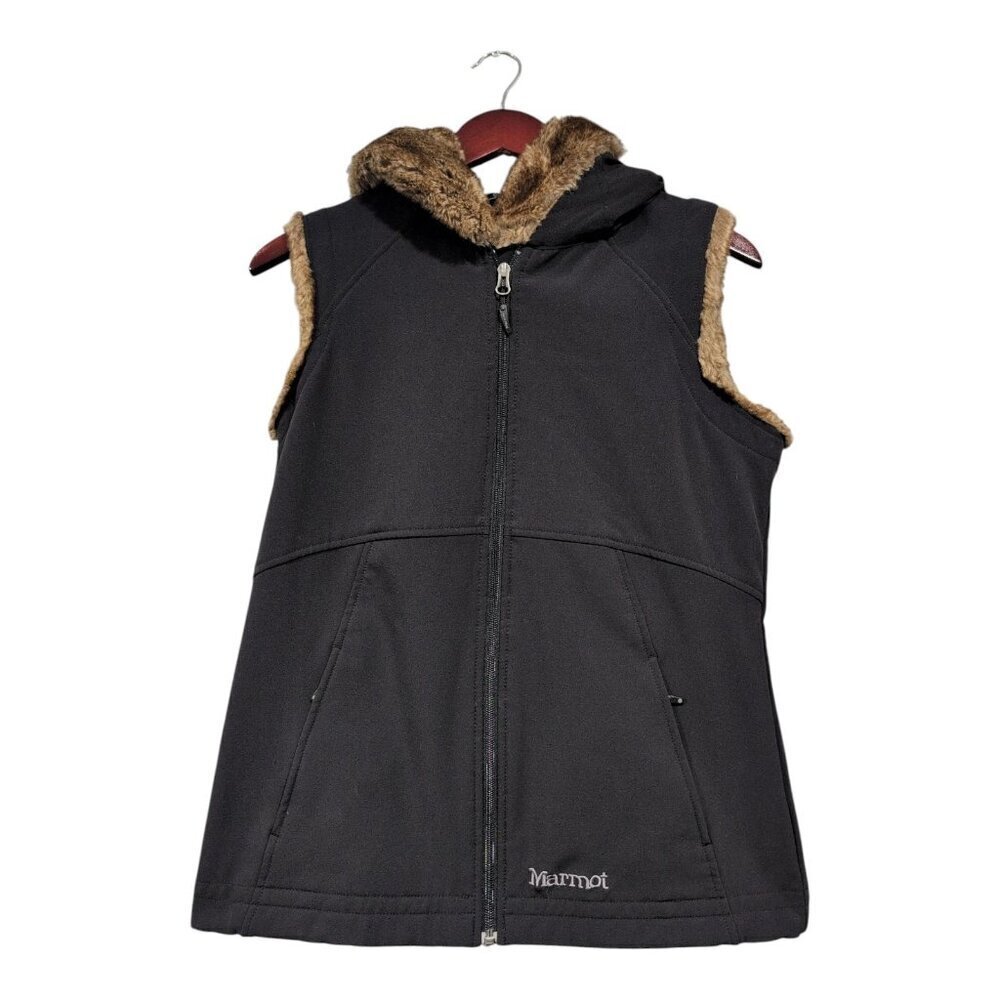 Marmot Furlong Black Faux Fur Lined Hooded Fleece Lined Vest Jacket Womens Sz M